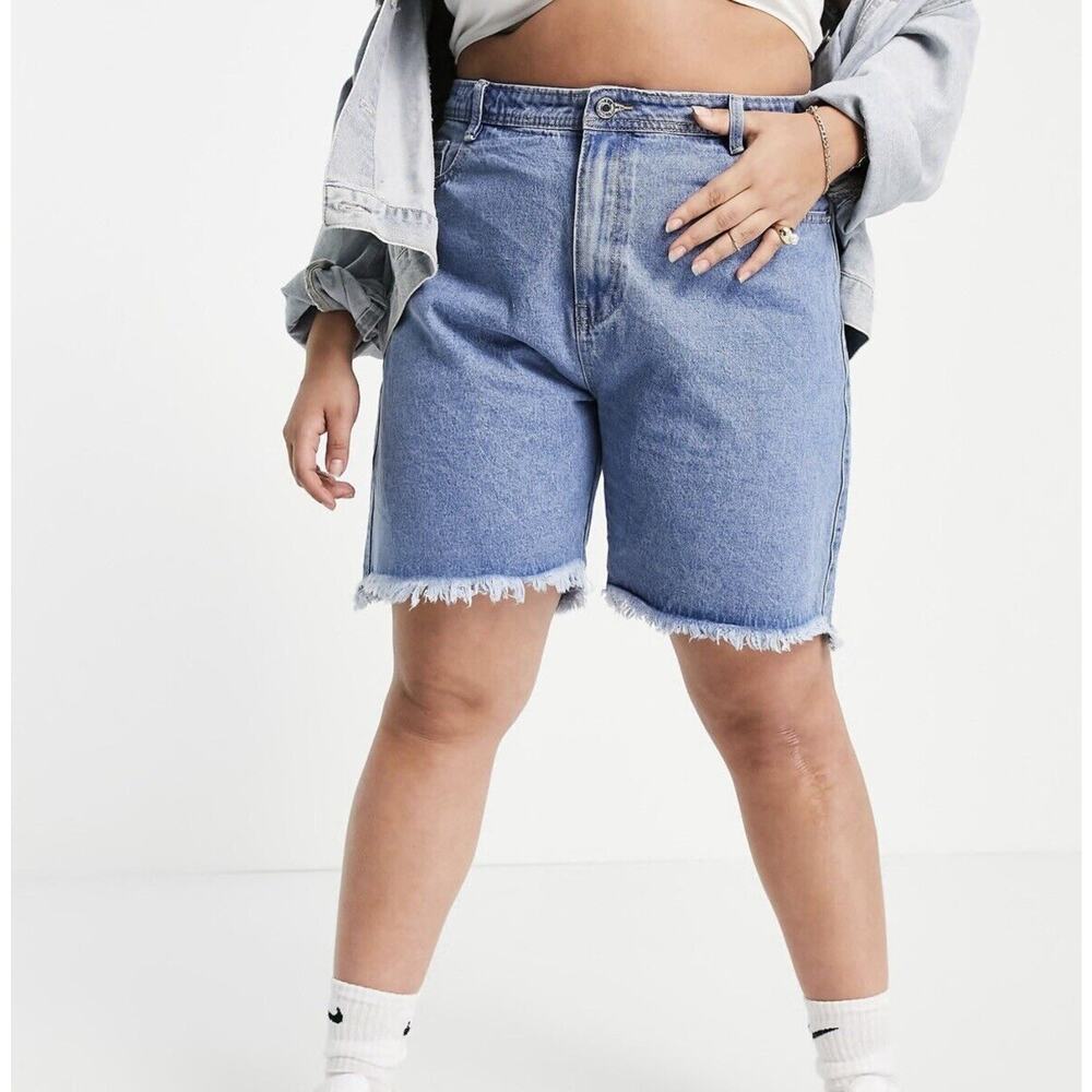 Missguided Plus Frayed Hem Longer Line Denim Shorts Sz 16 Blue Jean Short New
